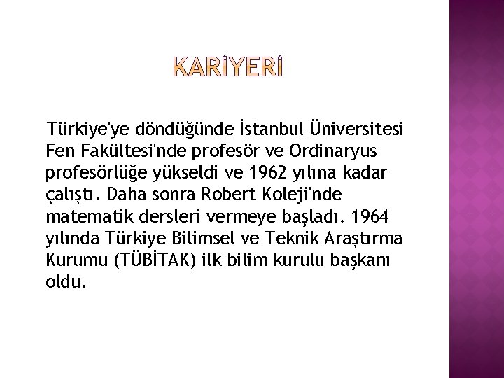 Türkiye'ye döndüğünde İstanbul Üniversitesi Fen Fakültesi'nde profesör ve Ordinaryus profesörlüğe yükseldi ve 1962 yılına