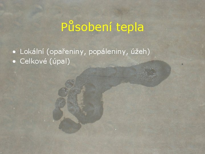 Působení tepla • Lokální (opařeniny, popáleniny, úžeh) • Celkové (úpal) 