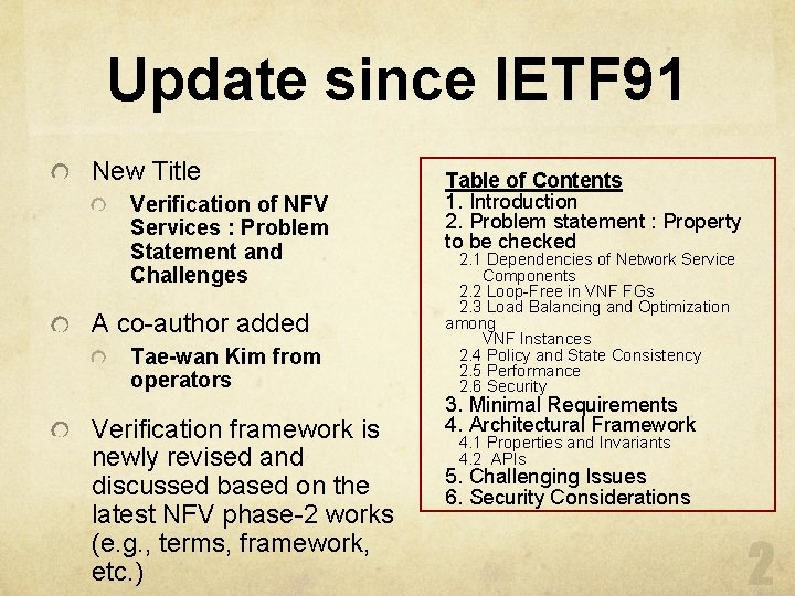 Update since IETF 91 New Title Verification of NFV Services : Problem Statement and