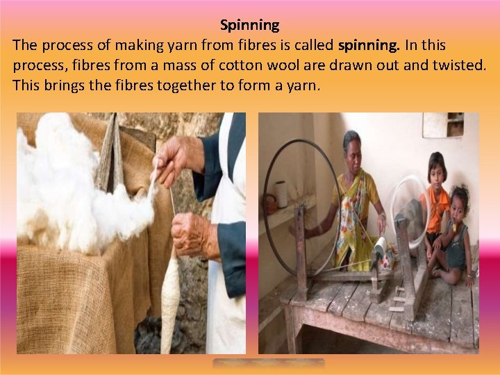 Spinning The process of making yarn from fibres is called spinning. In this process,