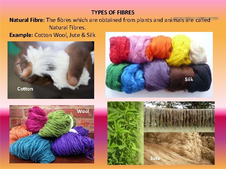 TYPES OF FIBRES Natural Fibre: The fibres which are obtained from plants and animals