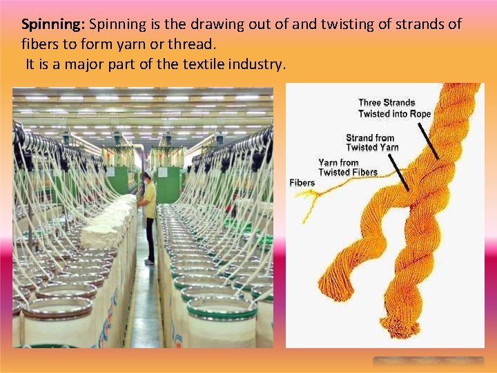 Spinning: Spinning is the drawing out of and twisting of strands of fibers to