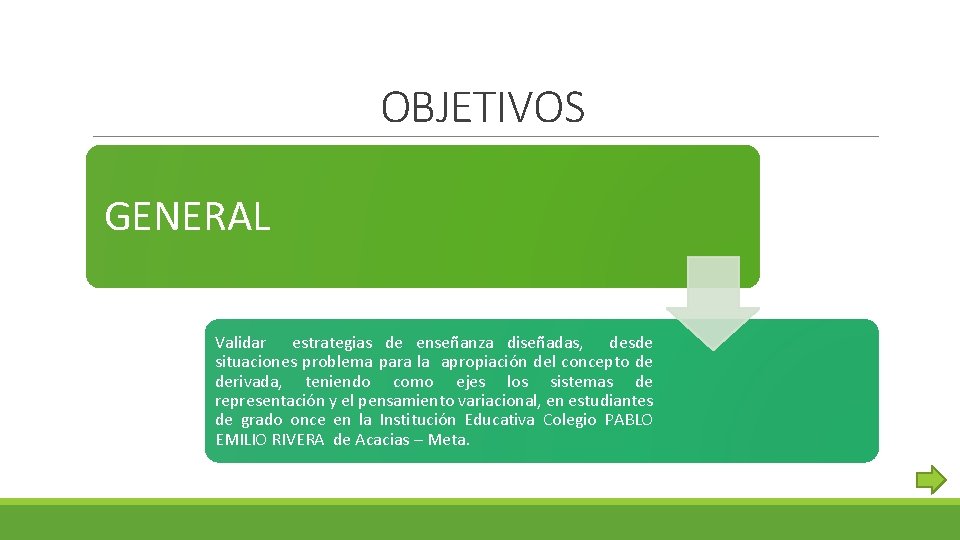 OBJETIVOS GENERAL Validar estrategias de enseñanza diseñadas, desde situaciones problema para la apropiación del