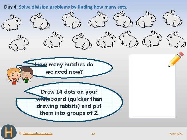 Day 4: Solve division problems by finding how many sets. How many hutches do