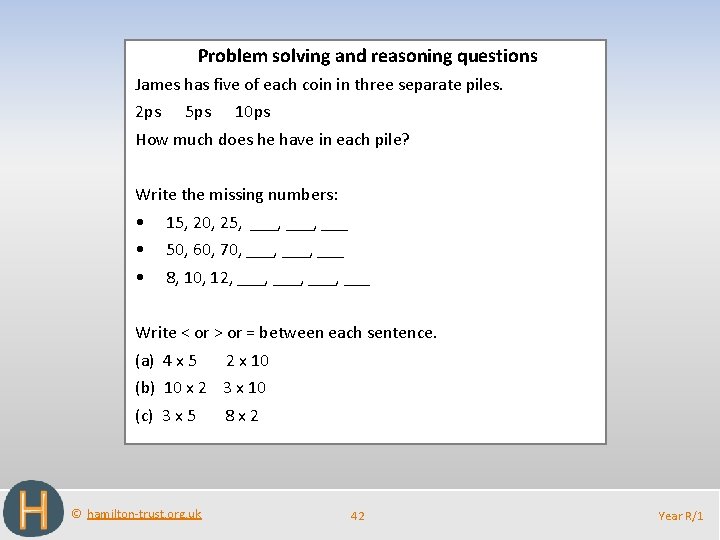 Problem solving and reasoning questions James has five of each coin in three separate