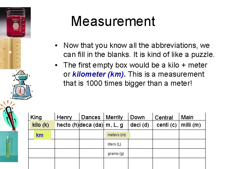 Measurement • Now that you know all the abbreviations, we can fill in the