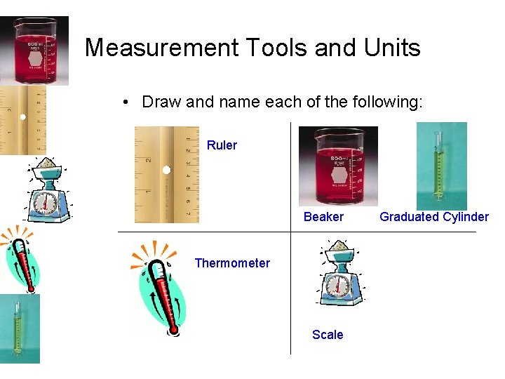 Measurement Tools and Units • Draw and name each of the following: Ruler Beaker