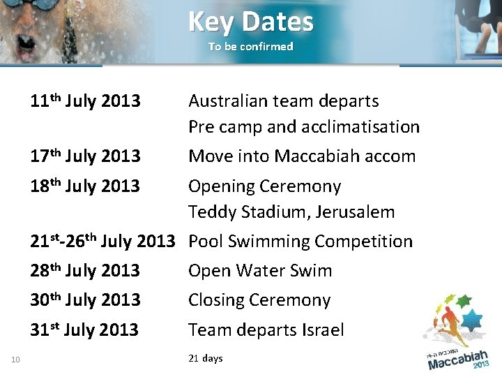 Key Dates To be confirmed Timeline 11 th July 2013 Australian team departs Pre