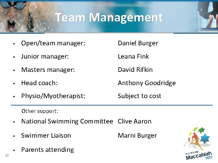 Team Management Team Support § Open/team manager: Daniel Burger § Junior manager: Leana Fink