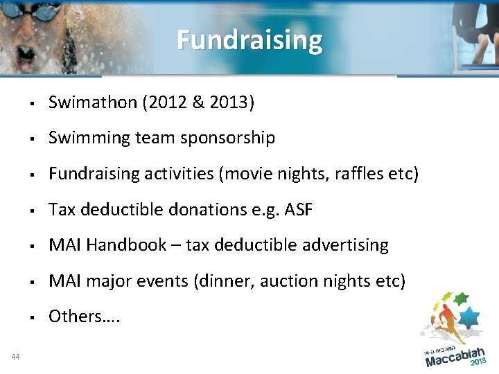 Fundraising Costs 44 § Swimathon (2012 & 2013) § Swimming team sponsorship § Fundraising