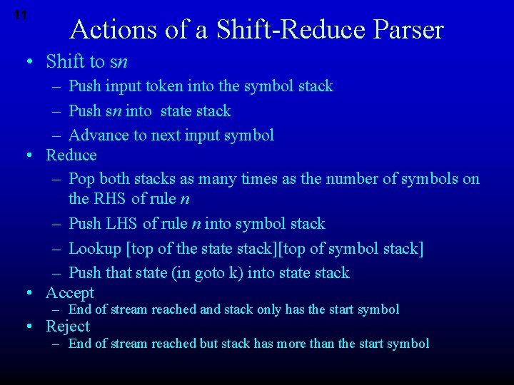 11 Actions of a Shift-Reduce Parser • Shift to sn – Push input token