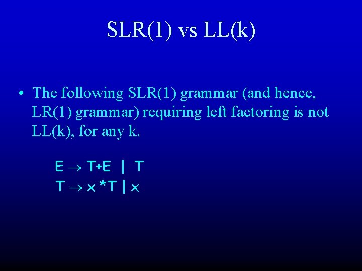 SLR(1) vs LL(k) • The following SLR(1) grammar (and hence, LR(1) grammar) requiring left