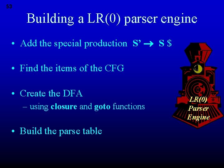 53 Building a LR(0) parser engine • Add the special production S’ S $