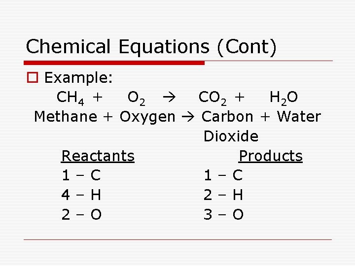 Chemical Equations (Cont) o Example: CH 4 + O 2 CO 2 + H