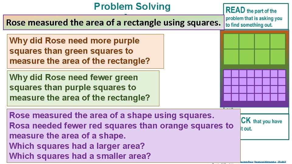 Problem Solving Area Rose measured the area of a rectangle using squares. Why did
