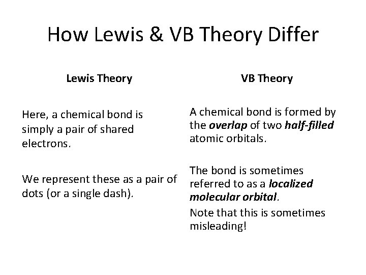 How Lewis & VB Theory Differ Lewis Theory Here, a chemical bond is simply