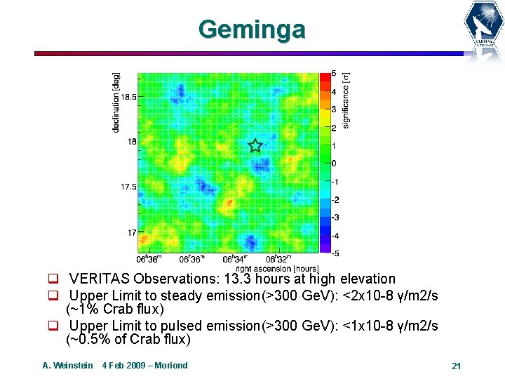 Geminga q VERITAS Observations: 13. 3 hours at high elevation q Upper Limit to