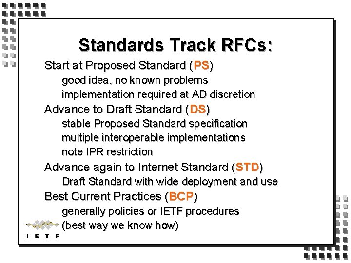 Standards Track RFCs: Start at Proposed Standard (PS) good idea, no known problems implementation
