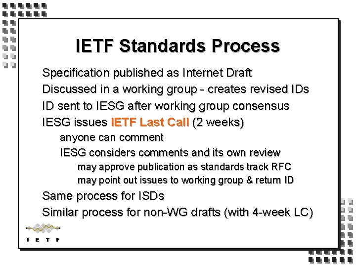 IETF Standards Process Specification published as Internet Draft Discussed in a working group -