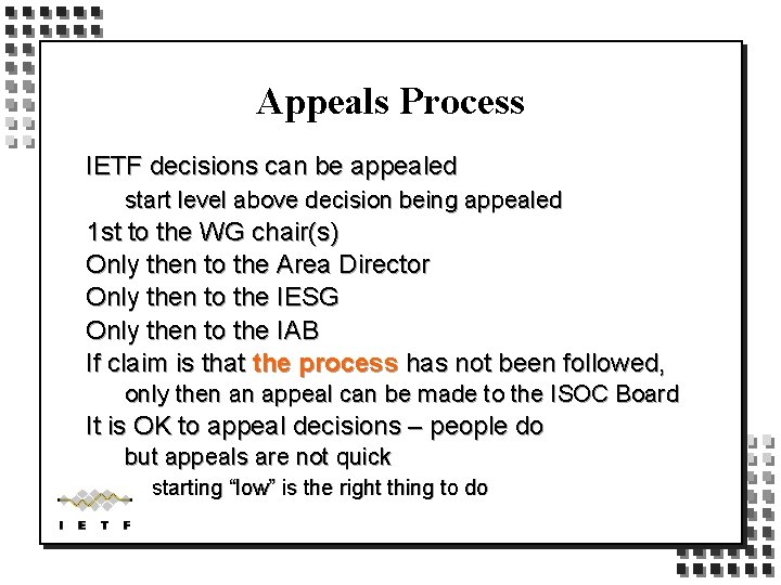 Appeals Process IETF decisions can be appealed start level above decision being appealed 1