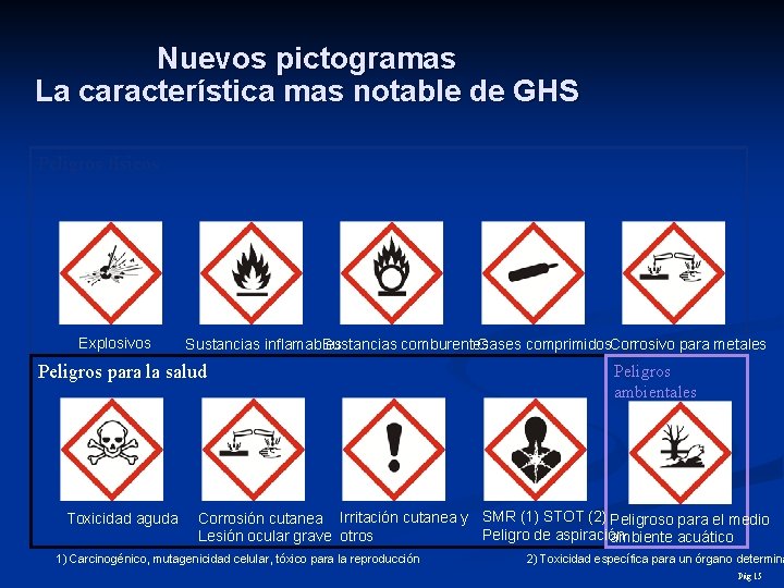 Nuevos pictogramas La característica mas notable de GHS Peligros físicos Explosivos Sustancias inflamables Sustancias