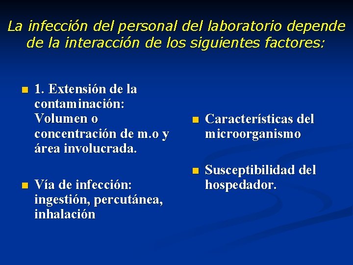 La infección del personal del laboratorio depende de la interacción de los siguientes factores: