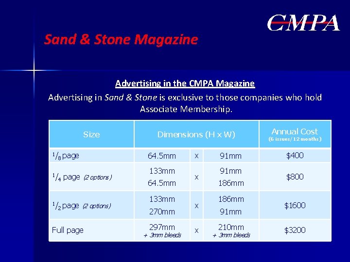 Sand & Stone Magazine Advertising in the CMPA Magazine Advertising in Sand & Stone