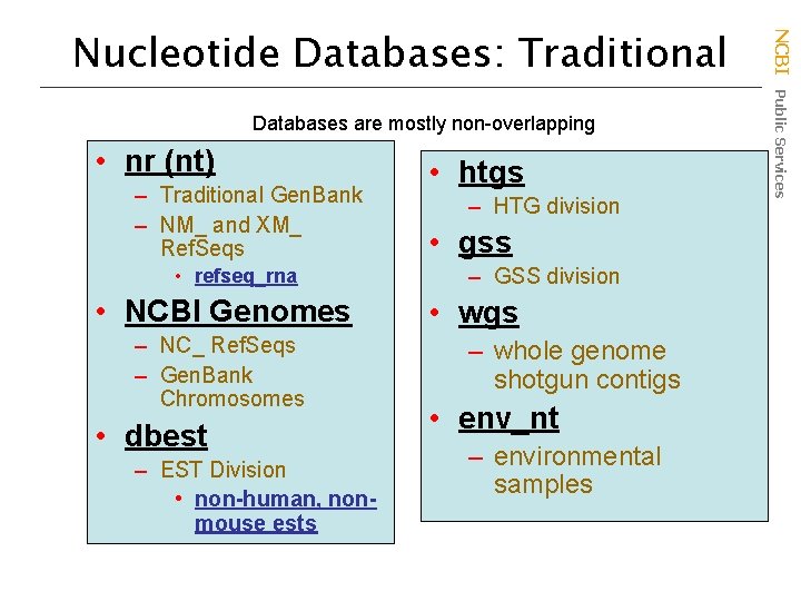 Databases are mostly non-overlapping • nr (nt) – Traditional Gen. Bank – NM_ and