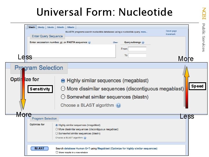 Less Sensitivity More NCBI Public Services Universal Form: Nucleotide More Speed Less 