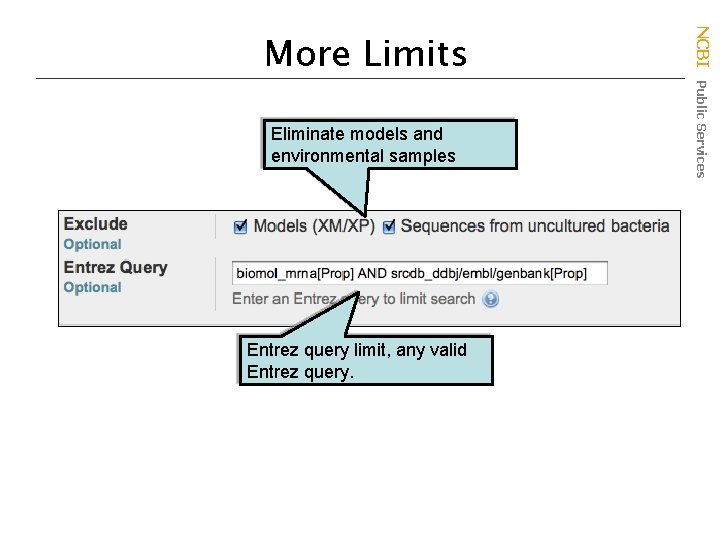 Eliminate models and environmental samples Entrez query limit, any valid Entrez query. NCBI Public