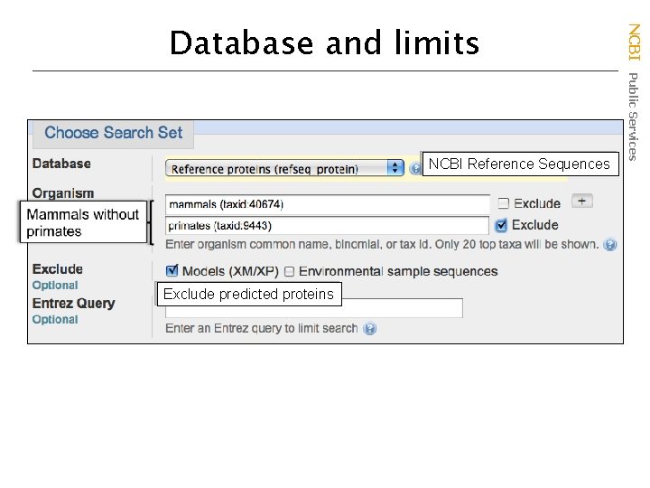 NCBI Reference Sequences Exclude predicted proteins NCBI Public Services Database and limits 