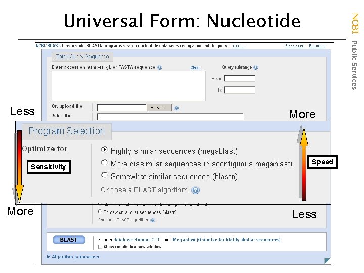 Less Sensitivity More NCBI Public Services Universal Form: Nucleotide More Speed Less 