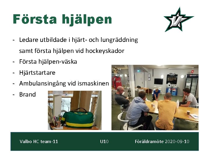 Första hjälpen - Ledare utbildade i hjärt- och lungräddning samt första hjälpen vid hockeyskador