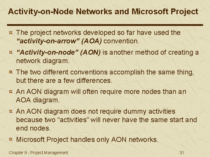 Activity-on-Node Networks and Microsoft Project The project networks developed so far have used the
