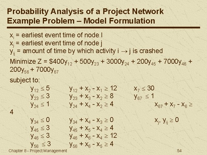 Probability Analysis of a Project Network Example Problem – Model Formulation xi = earliest