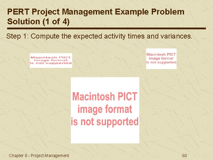 PERT Project Management Example Problem Solution (1 of 4) Step 1: Compute the expected