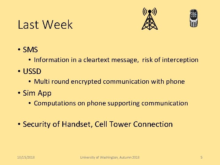 Last Week • SMS • Information in a cleartext message, risk of interception •