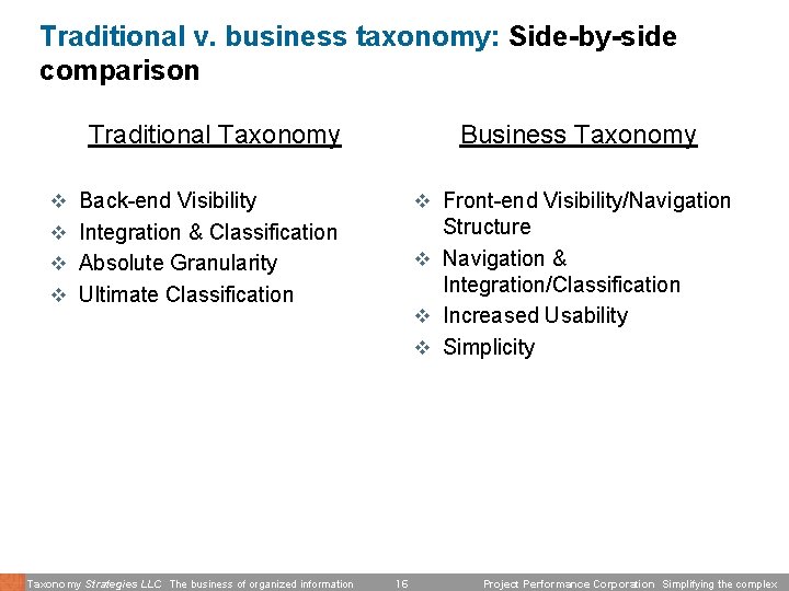 Traditional v. business taxonomy: Side-by-side comparison Traditional Taxonomy Business Taxonomy v Back-end Visibility v