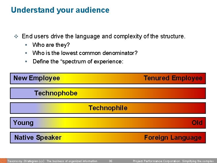 Understand your audience v End users drive the language and complexity of the structure.
