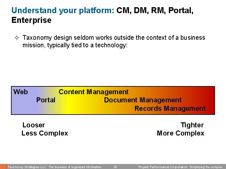 Understand your platform: CM, DM, RM, Portal, Enterprise v Taxonomy design seldom works outside