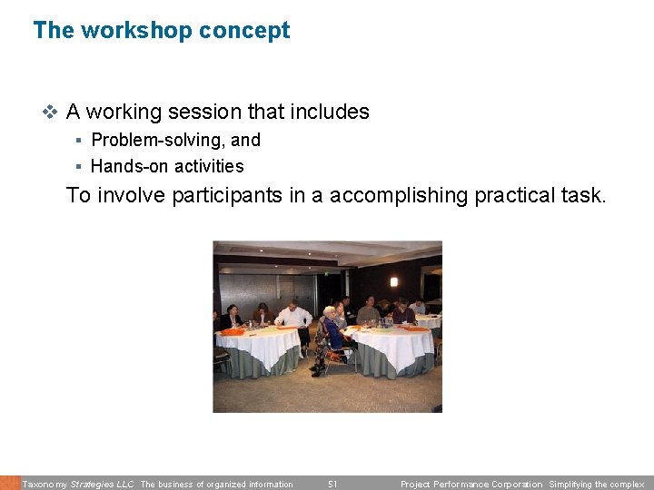 The workshop concept v A working session that includes § Problem-solving, and § Hands-on