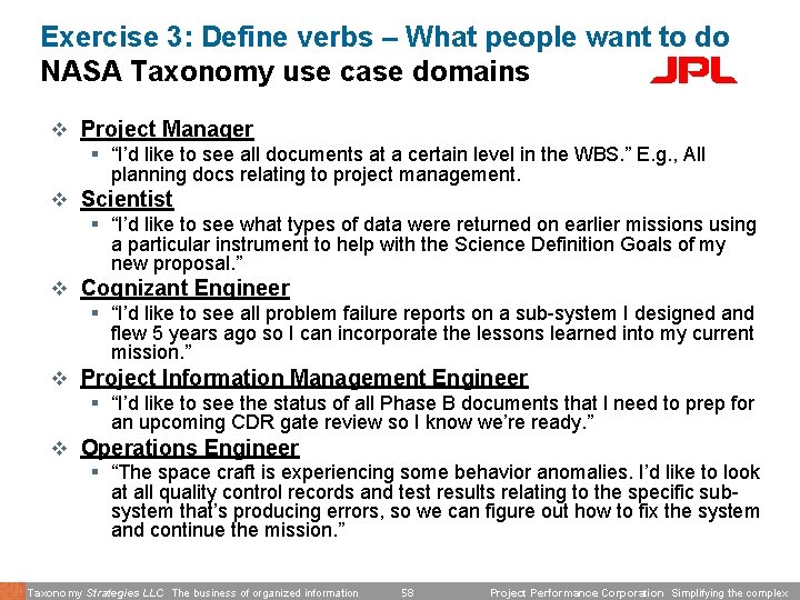 Exercise 3: Define verbs – What people want to do NASA Taxonomy use case