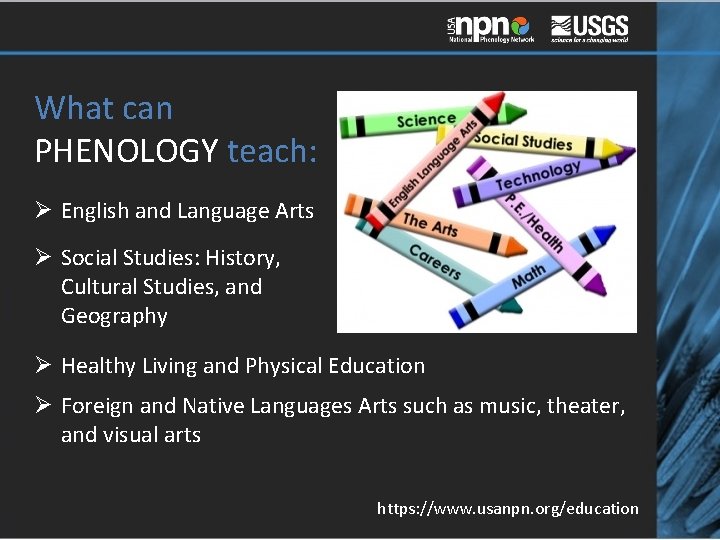What can PHENOLOGY teach: Ø English and Language Arts Ø Social Studies: History, Cultural