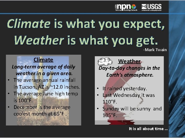 Climate is what you expect, Weather is what you get. -Mark Twain Climate Long-term