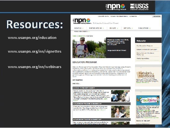 Resources: www. usanpn. org/education www. usanpn. org/nn/vignettes www. usanpn. org/nn/webinars 