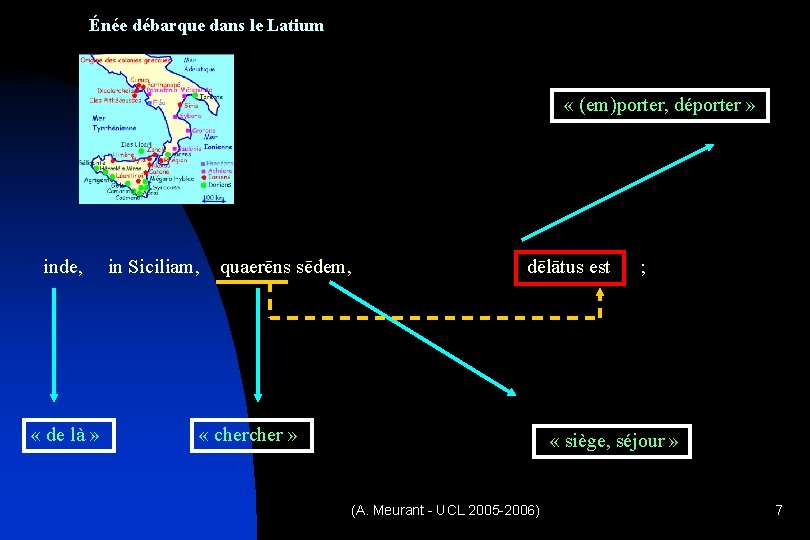 Énée débarque dans le Latium « (em)porter, déporter » inde, « de là »