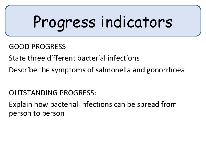 Progress indicators GOOD PROGRESS: State three different bacterial infections Describe the symptoms of salmonella