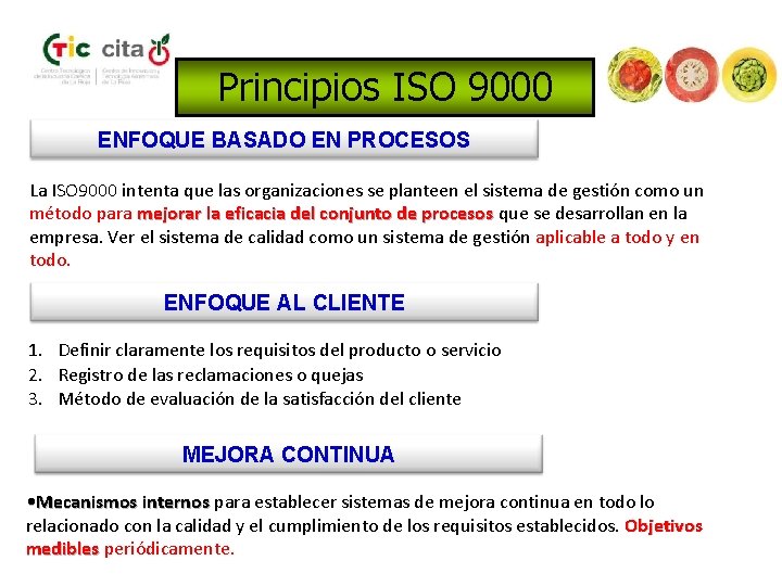 Principios ISO 9000 ENFOQUE BASADO EN PROCESOS La ISO 9000 intenta que las organizaciones