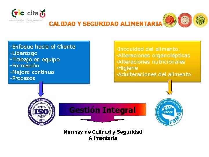 CALIDAD Y SEGURIDAD ALIMENTARIA • Enfoque hacia el Cliente • Liderazgo • Trabajo en