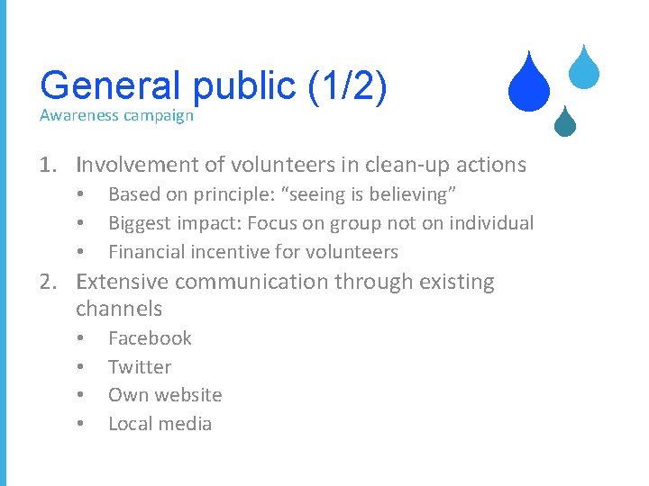 General public (1/2) Awareness campaign S S 1. Involvement of volunteers in clean-up actions
